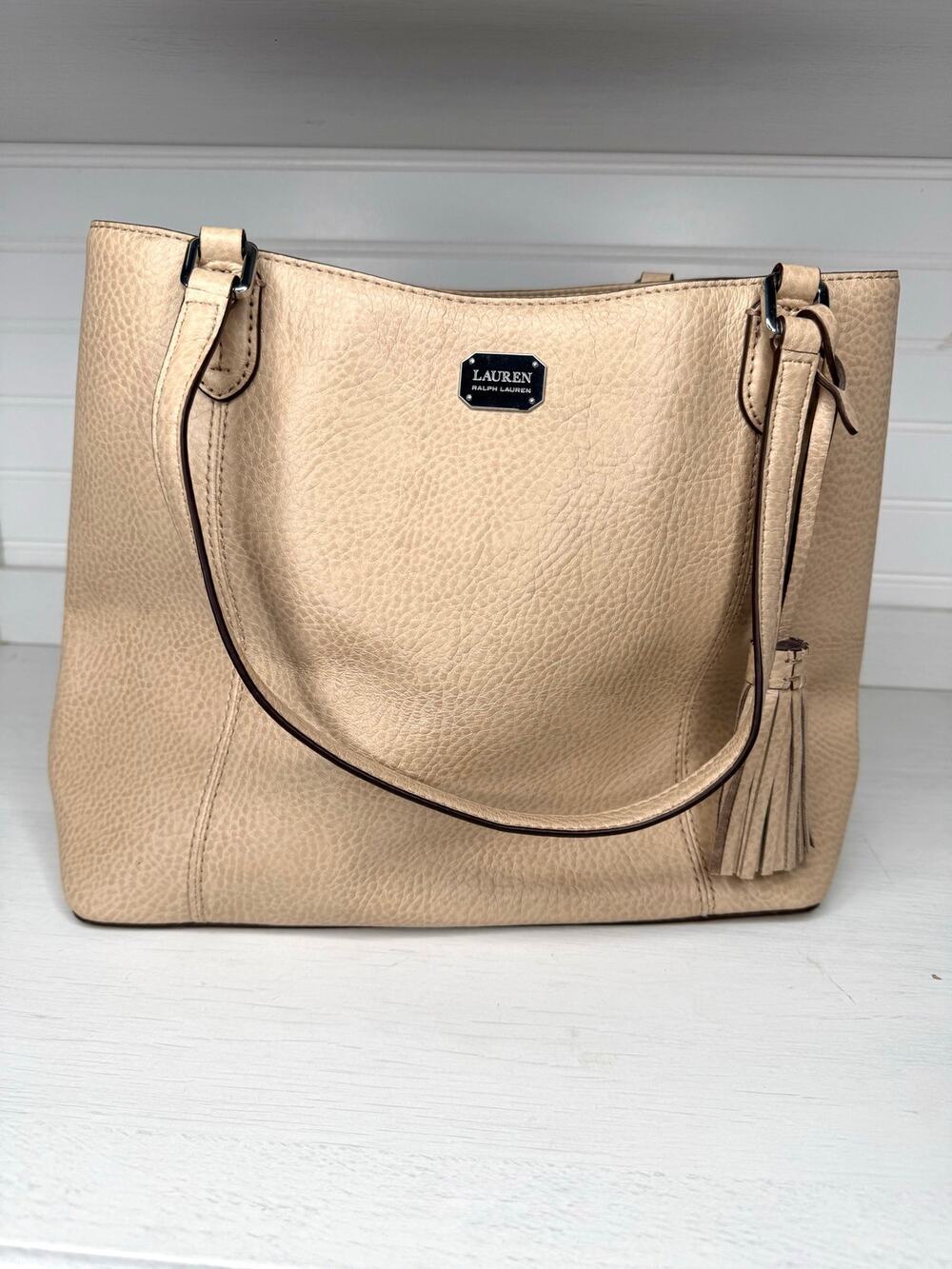 Lauren Ralph Lauren Millbrook Market Tote Pebbled Leather Bag Beige Taupe Tassel